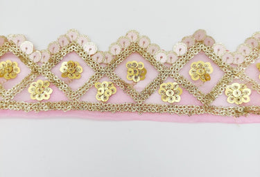 Pink Tissue Embroidered Trim, Gold Sequins Trim Decorative Lace Sari Border Costume Ribbon Crafting Sewing Tape, 1 yard